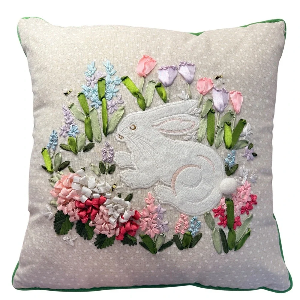 Easter Bunny Floral Ribbon Embroidery Accent Pillow Spring Easter Cottagecore